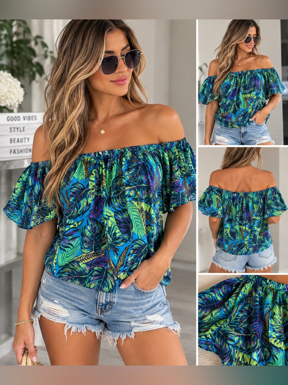 Tropical Leaf Print Off-Shoulder Top